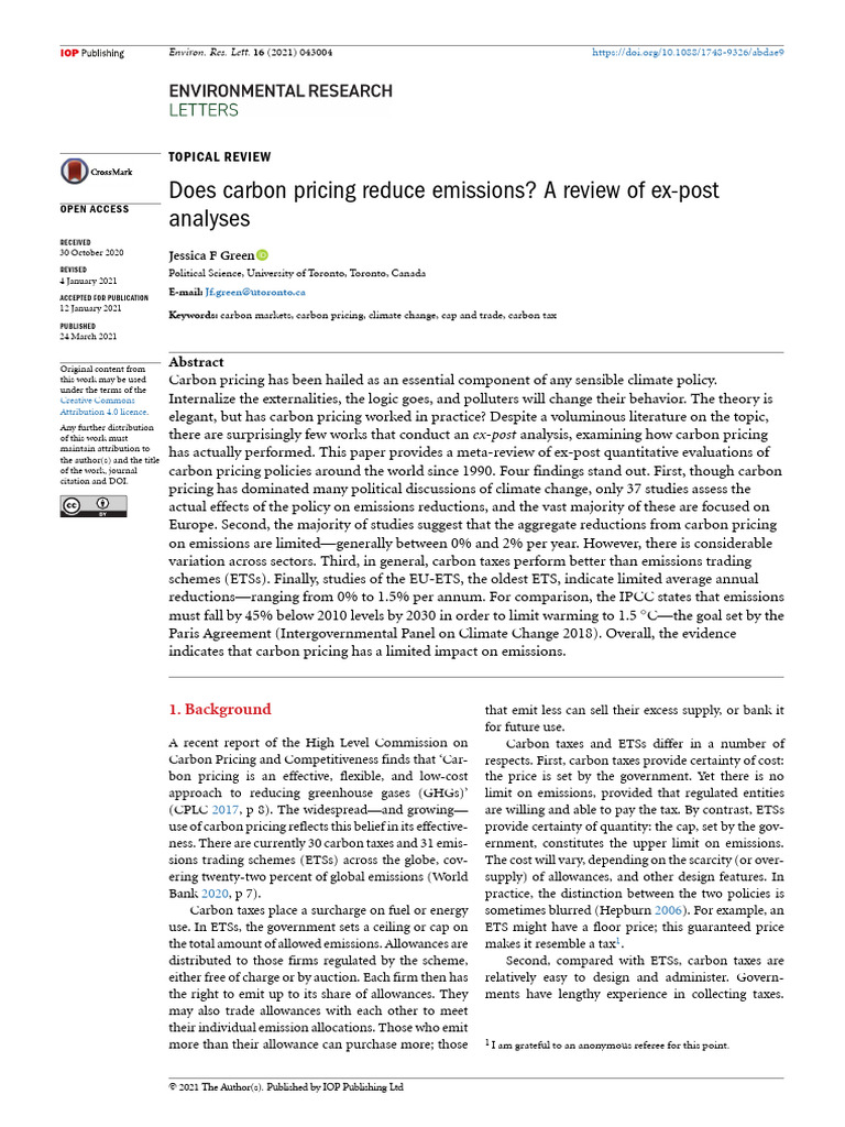 Carbon Pricing's Impact on Emissions: Review | PDF | Carbon Tax ...