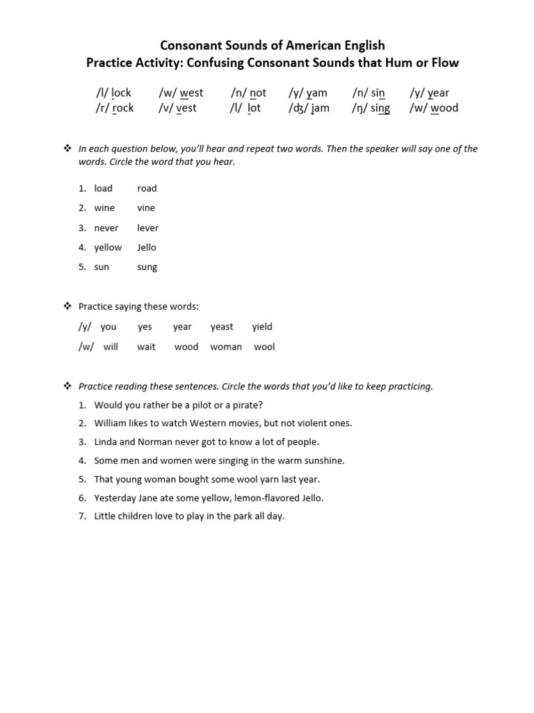 Confusing Consonant Pairs Practice Activity Handout | PDF