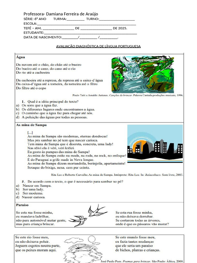 Avaliação Diagnóstica de Português 6º Ano | PDF