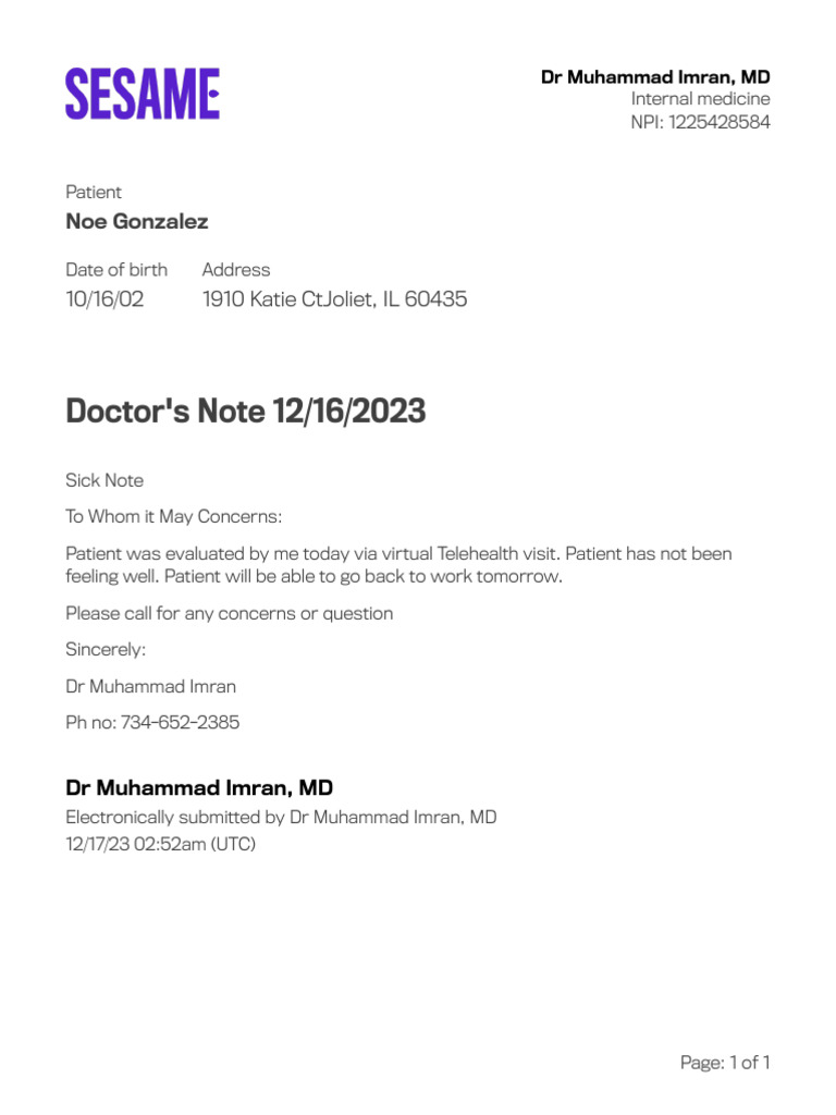 Doctor's Note for Noe Gonzalez | PDF