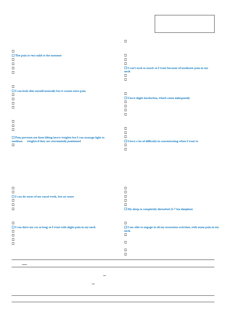 Neck Disability Index Questionnaire | PDF | Pain | Physiology