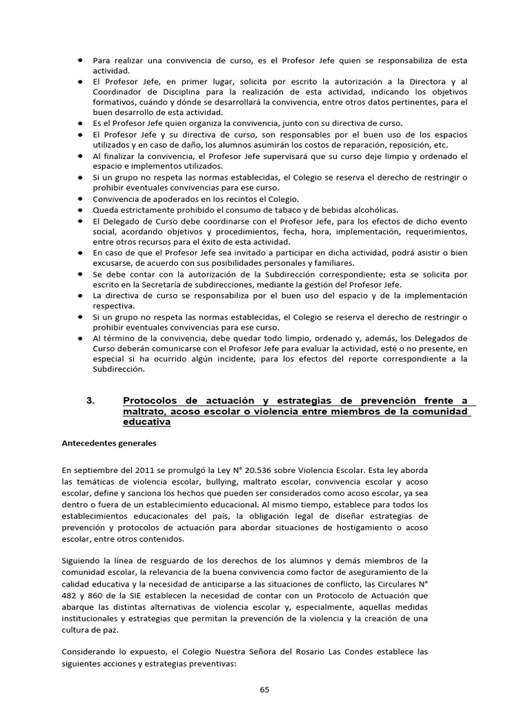 Protocolo de Convivencia Escolar y Prevención de Violencia | PDF ...