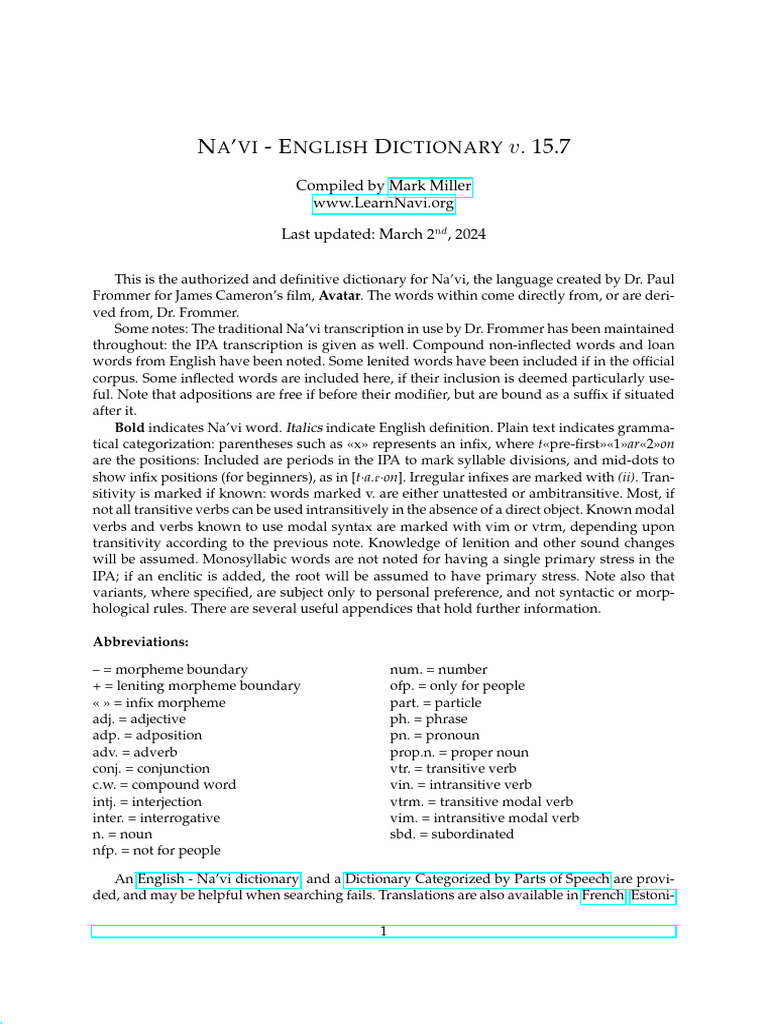 Na'vi Language Dictionary Overview | PDF | Linguistics | Grammar