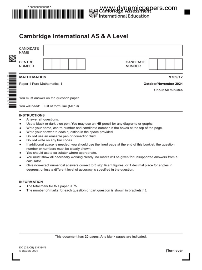 Cambridge International AS & A Level: Mathematics 9709/12 | PDF ...