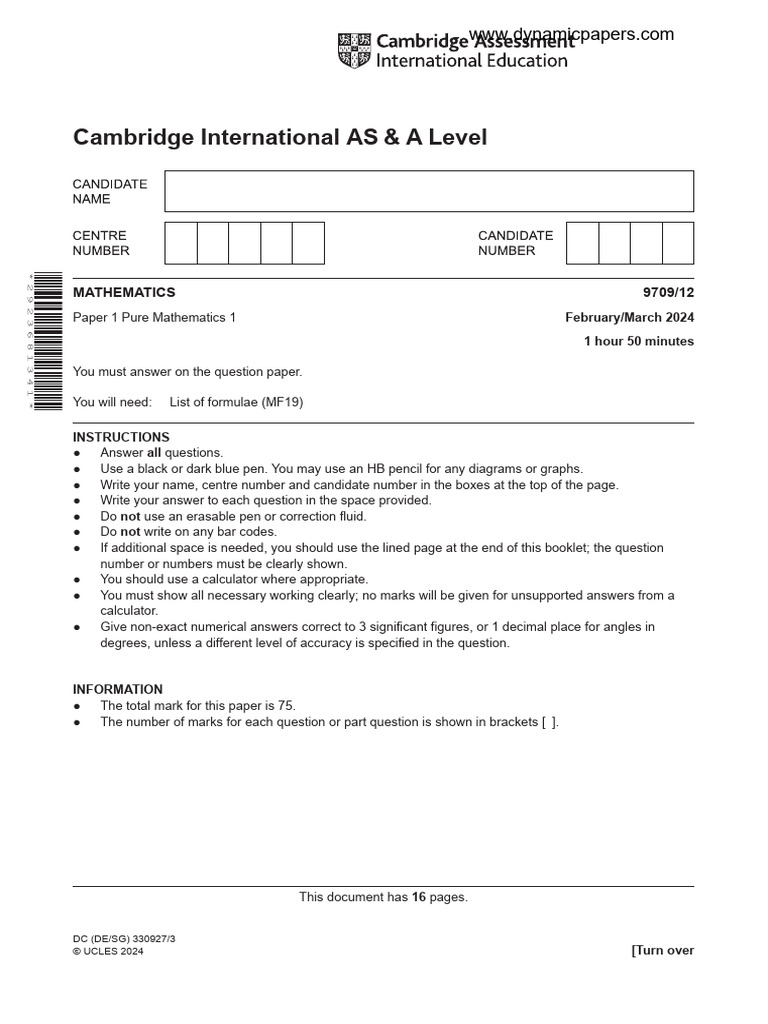 A Level Maths Paper 1: 9709/12 QP | PDF | Geometry | Mathematical Analysis
