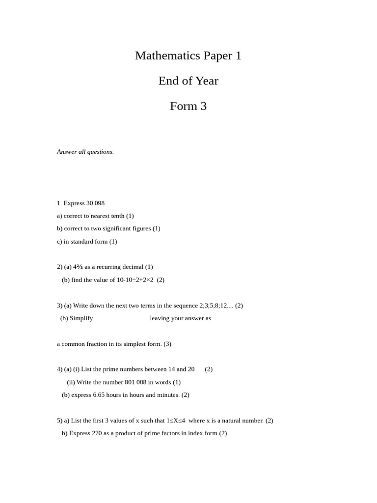 Form 3 Mathematics Exam Paper 1 | PDF