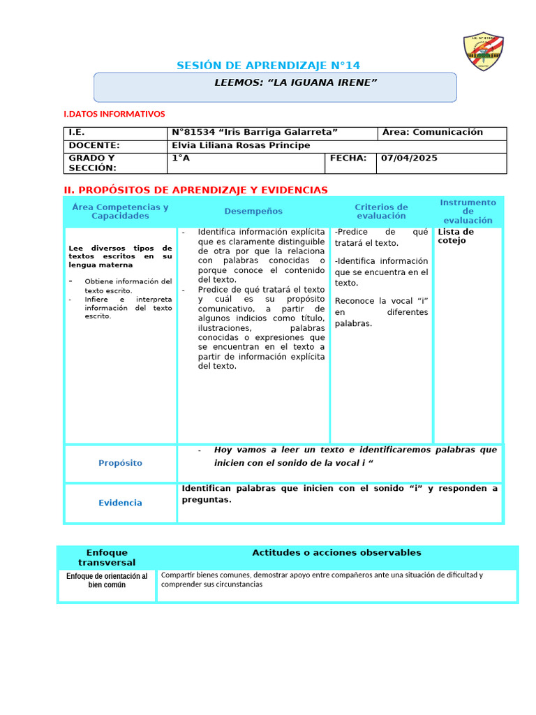 Aprendizaje de la Vocal "I" en 1°A | PDF | Ciencias del comportamiento ...
