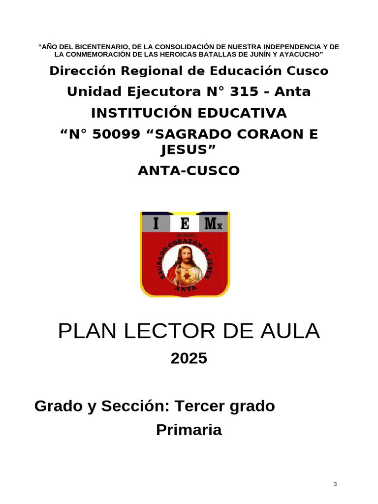 Plan Lector 2025 para Tercer Grado | PDF | Salón de clases | Enseñando