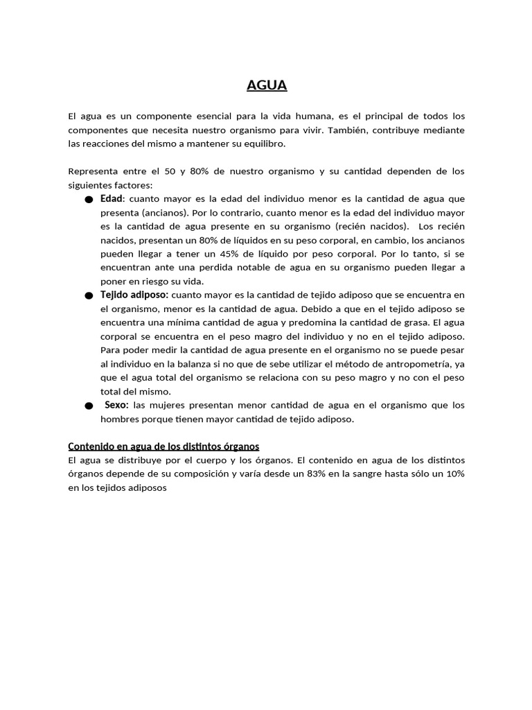 Importancia y Función del Agua en el Cuerpo | PDF | Agua | Termorregulación