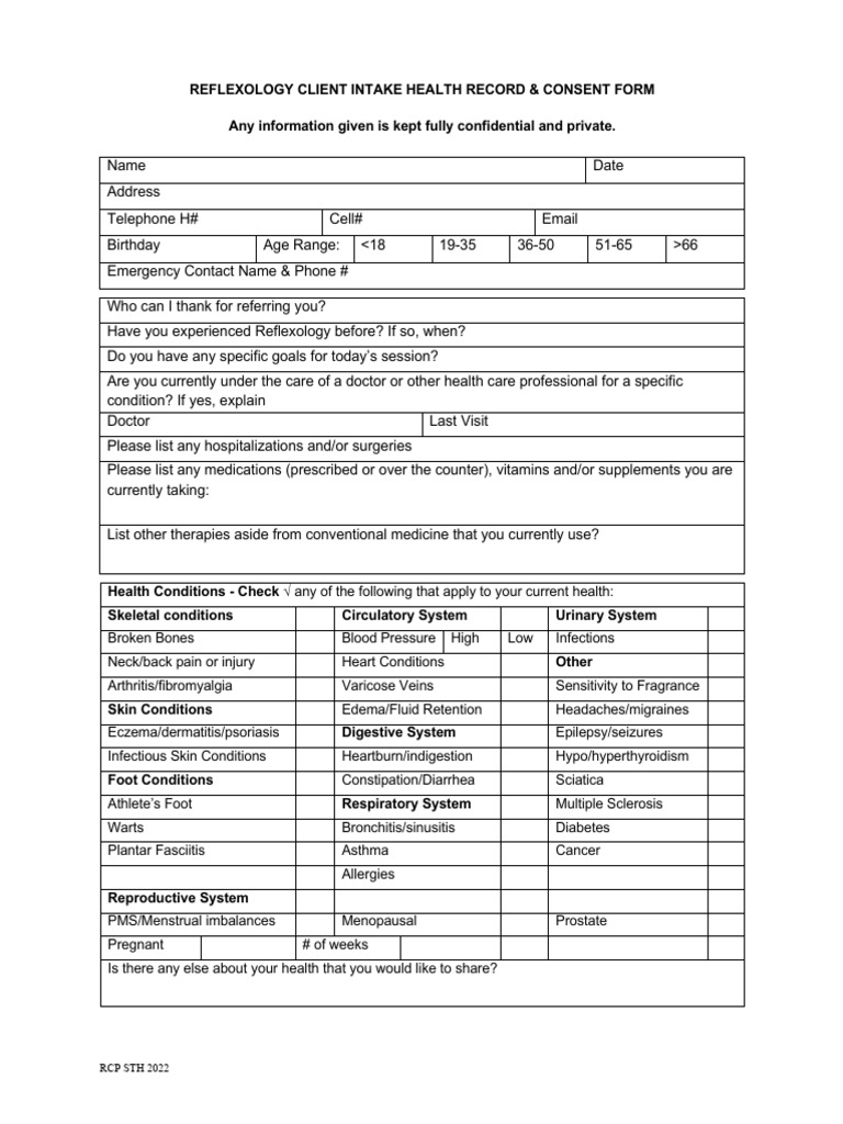 Reflexology Client Intake Form 2022 | PDF | Reflexology | Edema