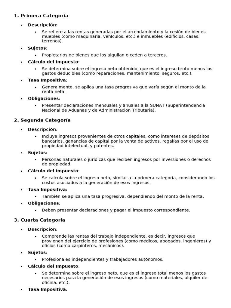 Impuesto a la Renta en Perú: Categorías y Cálculo | PDF | Impuestos ...