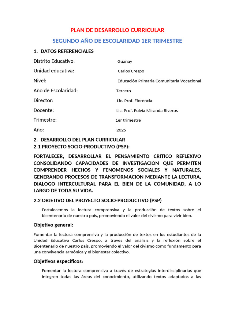 PLAN DE DESARROLLO CURRICULAR Fulvia 2025 | PDF | Conocimiento | Maestros