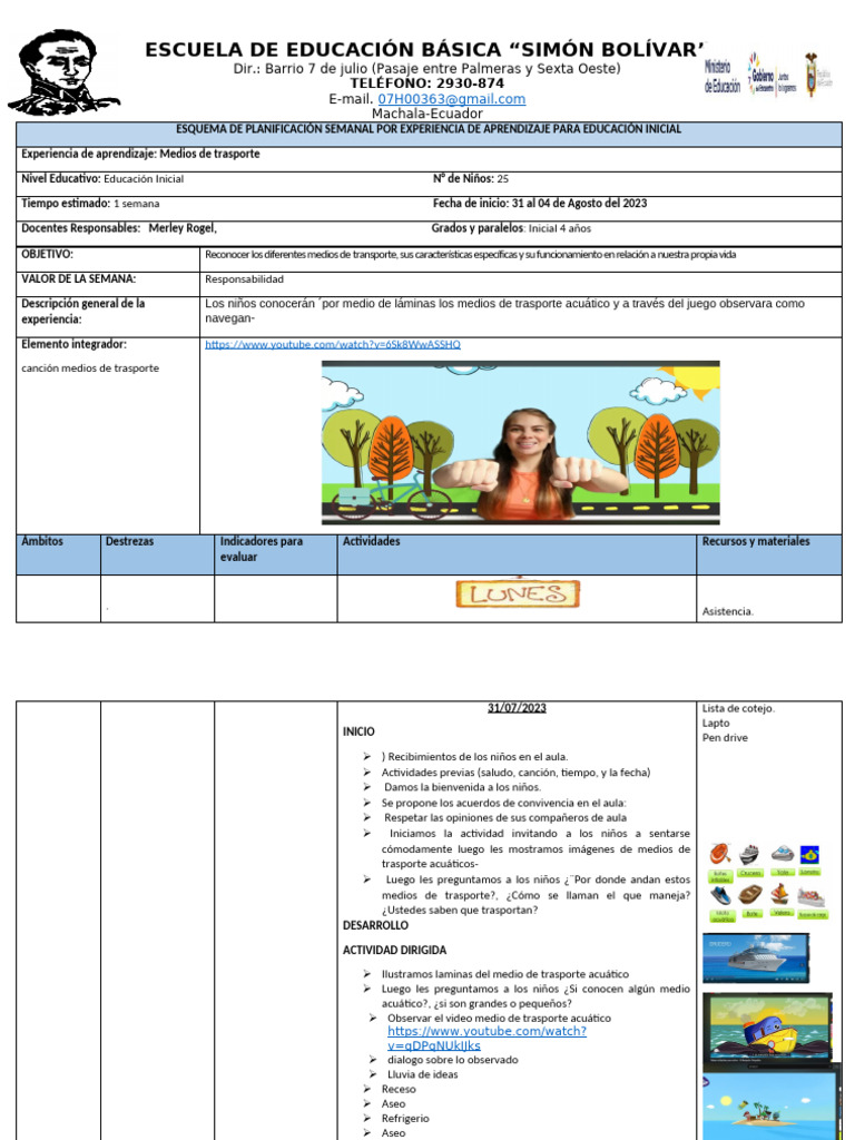 Planificación Semanal Educación Inicial | PDF | Salón de clases ...