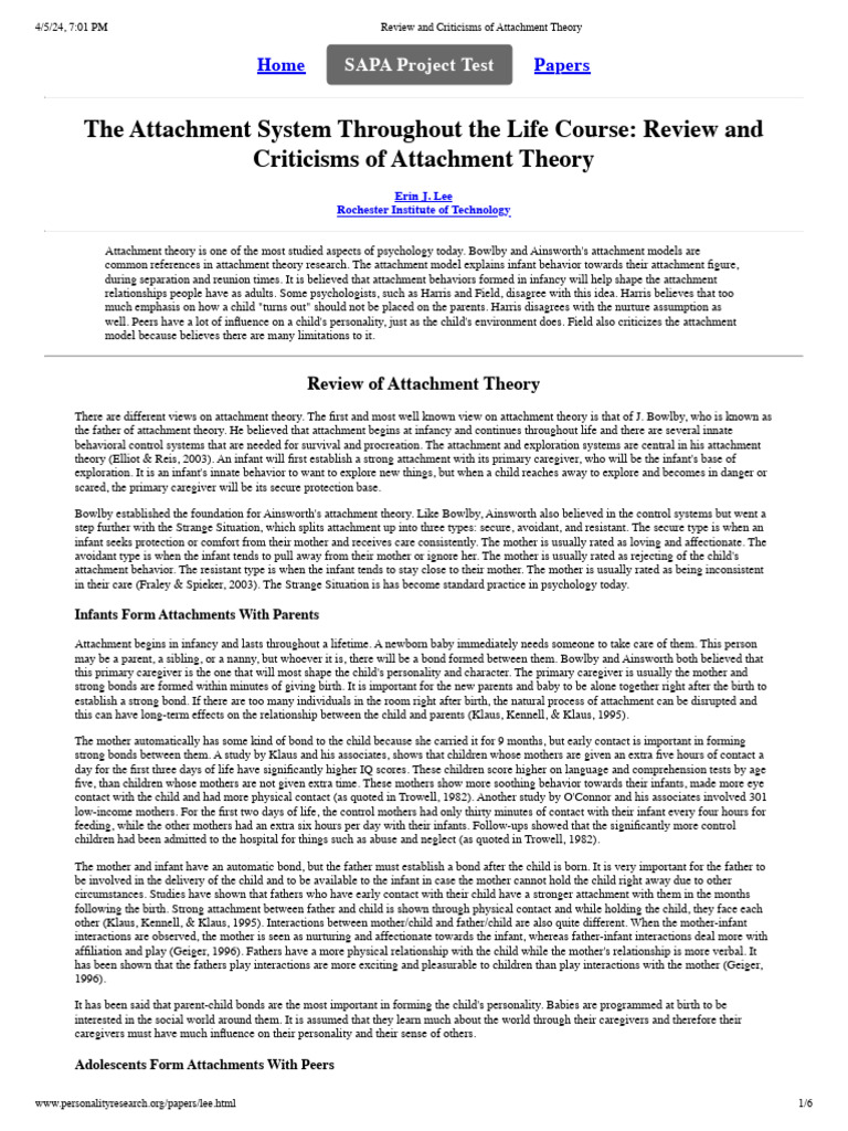 Attachment Theory: Reviews and Critiques | PDF | Attachment Theory ...