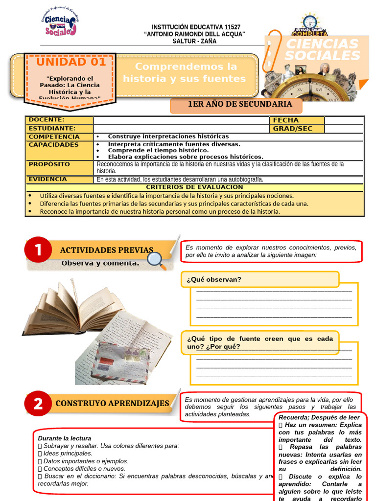 Ficha de Actividad CCSS 1°ses1 - Semana 1 | PDF | Science | Testimonio