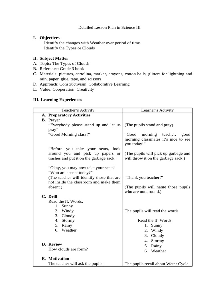 Lesson Plan: Types of Clouds for Grade 3 | PDF | Cloud | Forms Of Water