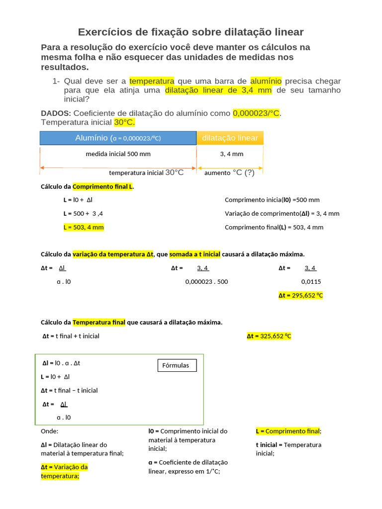 Exercícios sobre Dilatação Linear | PDF | Expansão térmica | Temperatura
