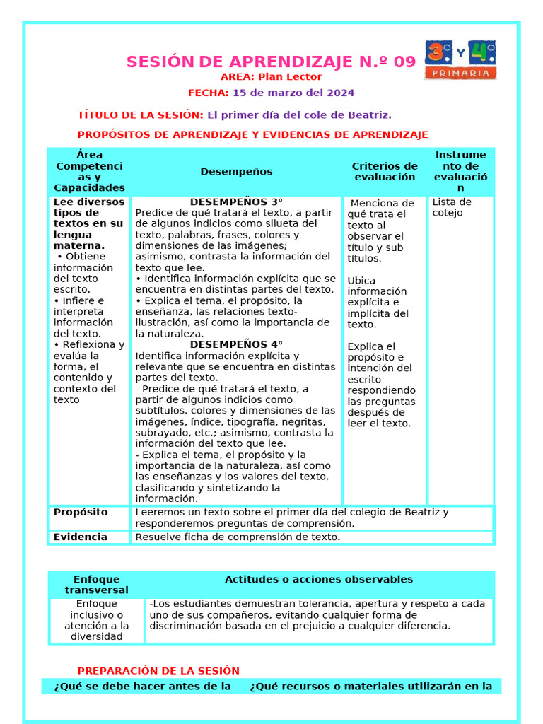Sesion Plan Lector El Primer Día en El Cole Nuevo de Beatriz | PDF ...