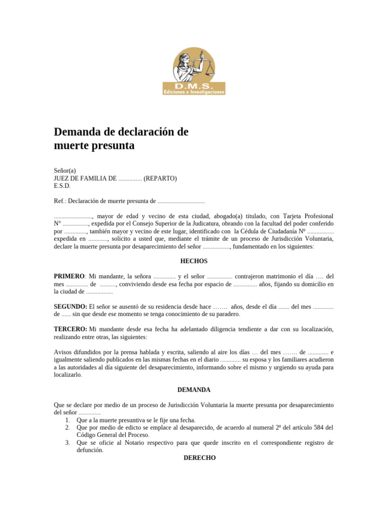 Demanda de Declaración de Muerte Presunta | PDF | Demanda judicial