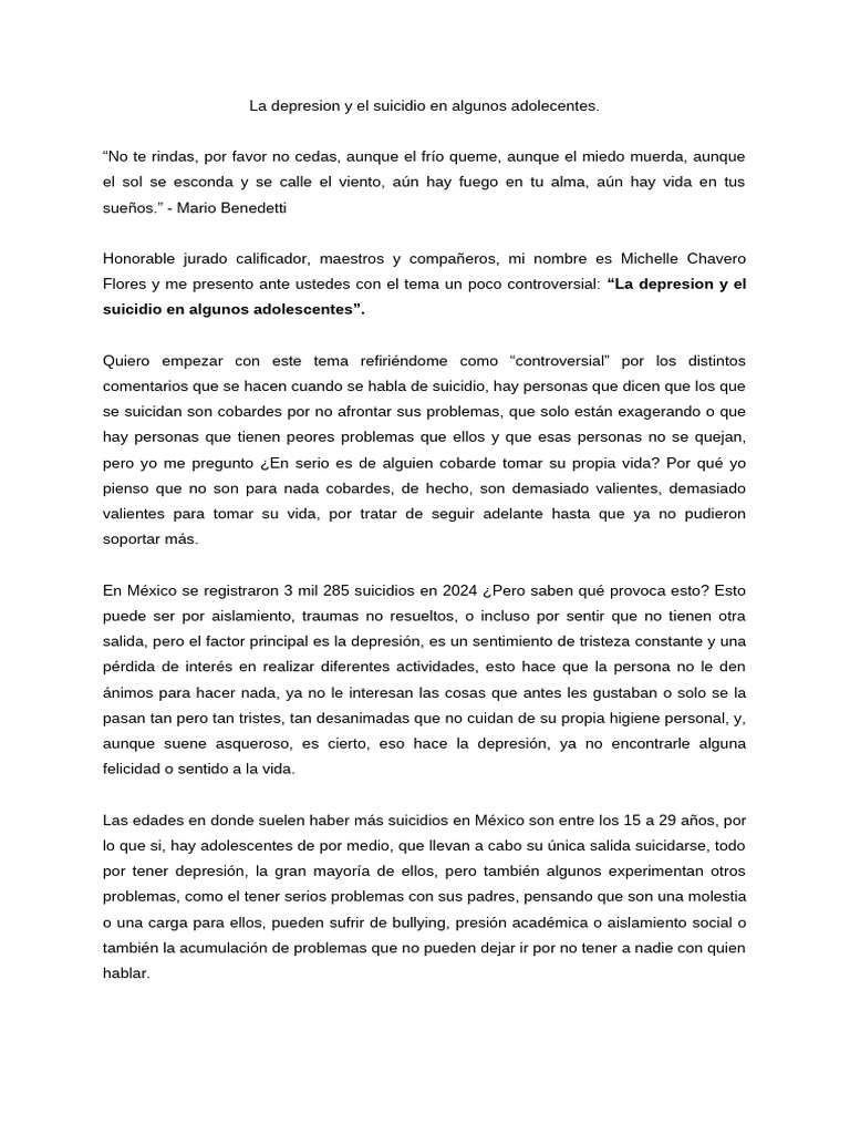 La Depresion y El Suicidio en Algunos Adolecentes. | PDF | Suicidio ...