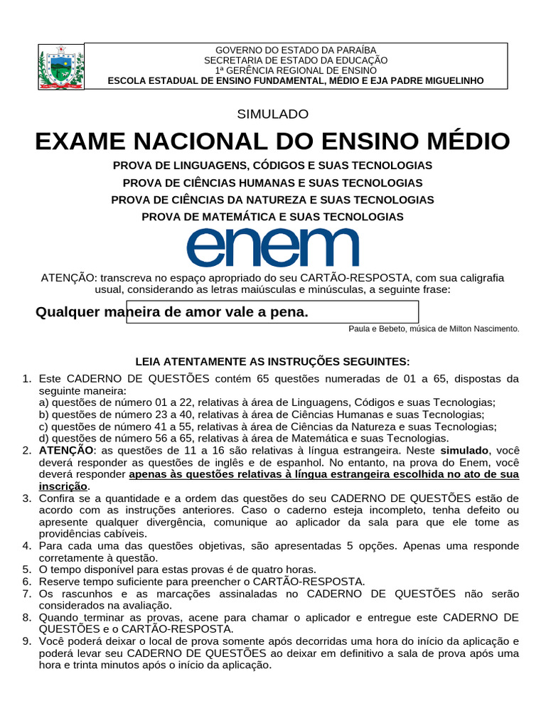 Simulado ENEM 2025: Caderno de Questões | PDF | Som
