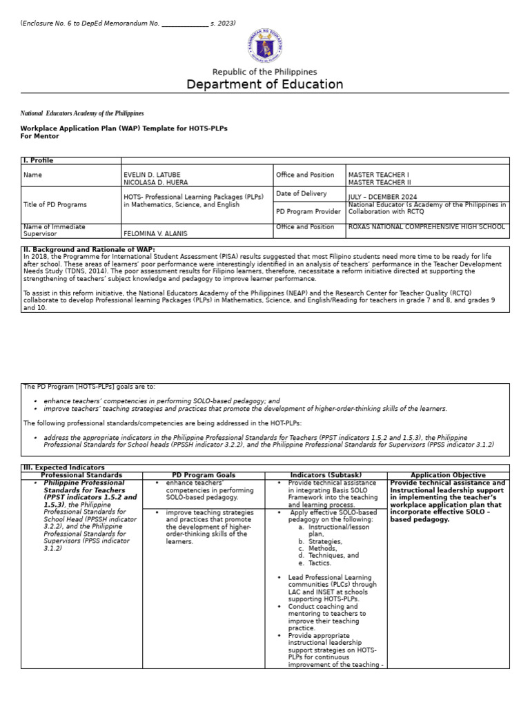 Workplace Application Plan for Teachers | PDF | Teachers | Pedagogy