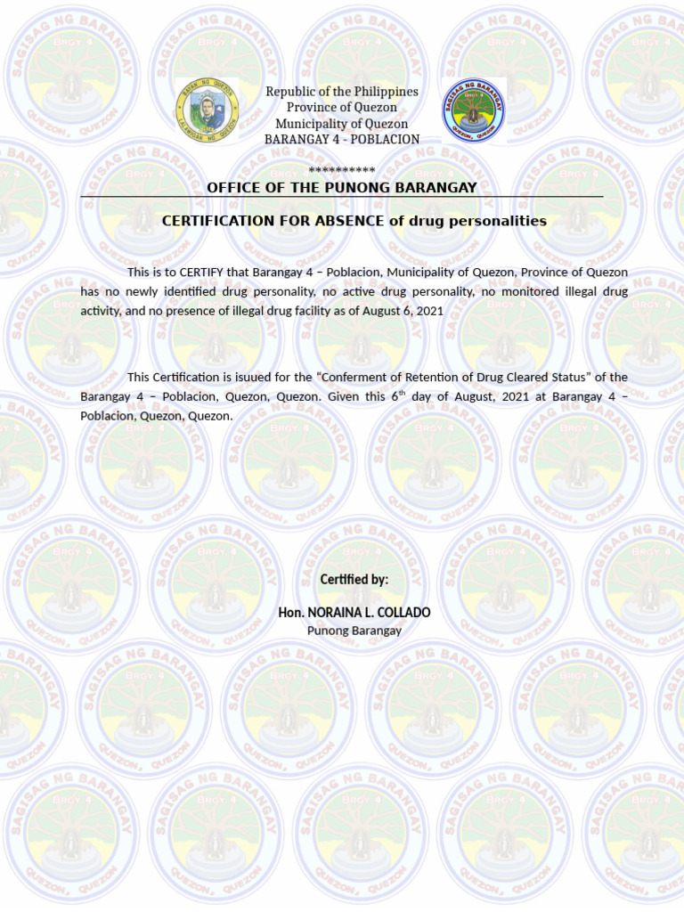 Drug-Free Certification for Barangay 4 | PDF