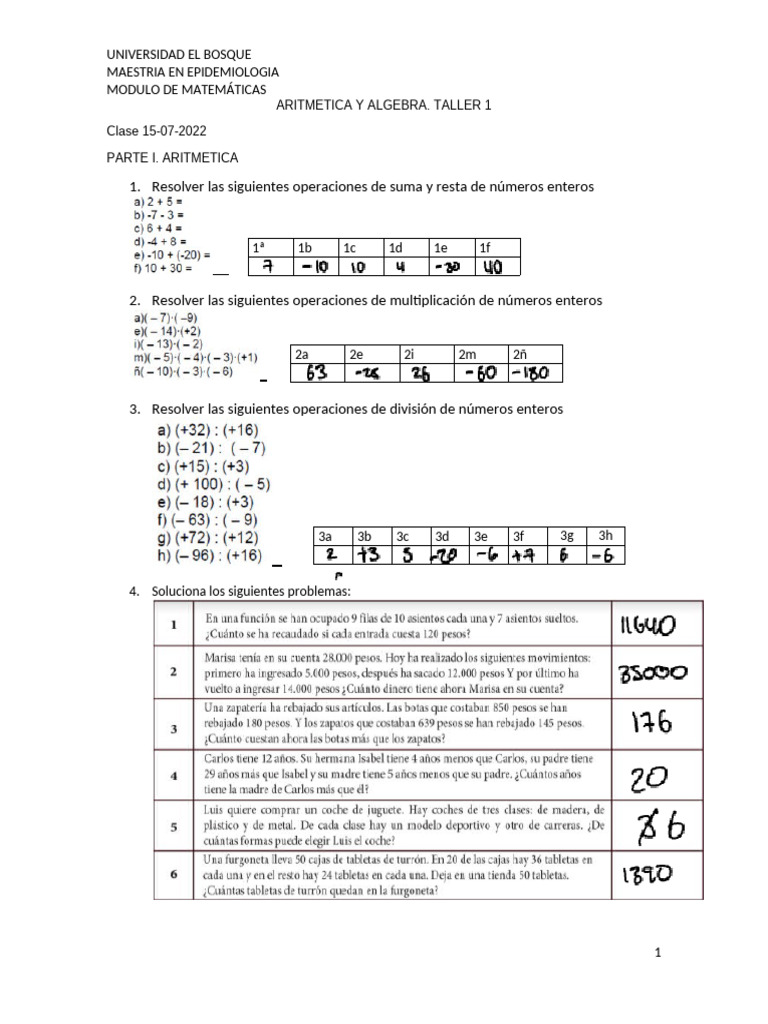 Taller 1. aritmetica y algebra copy | PDF | Álgebra | Matemáticas