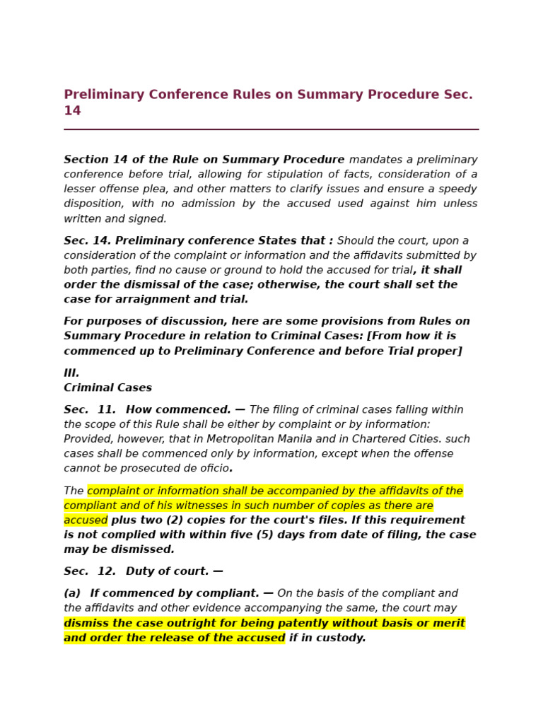 Preliminary Conference Rules Summary | PDF | Arraignment | Plea