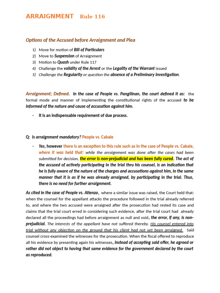 Arraignment Options and Procedures Explained | PDF | Plea | Arraignment