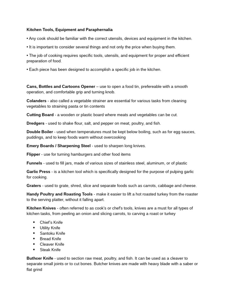 Essential Kitchen Tools and Equipment Guide | PDF | Knife | Cooking