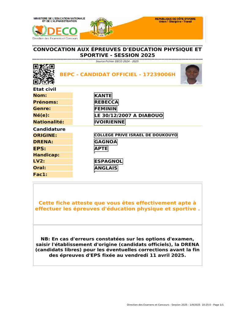 Convocation EPS 2025 - Kante Rebecca | PDF