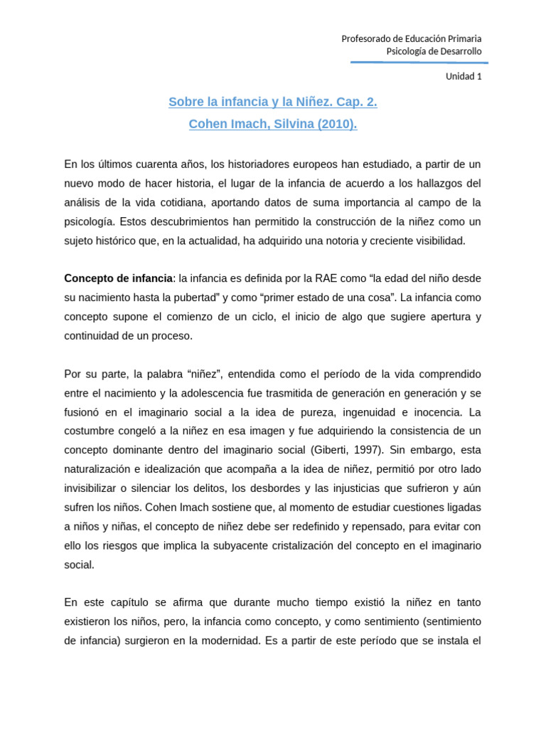 Sobre La Infancia y La NiÃ Ez. Silvina Cohen Imach | PDF | Adultos ...
