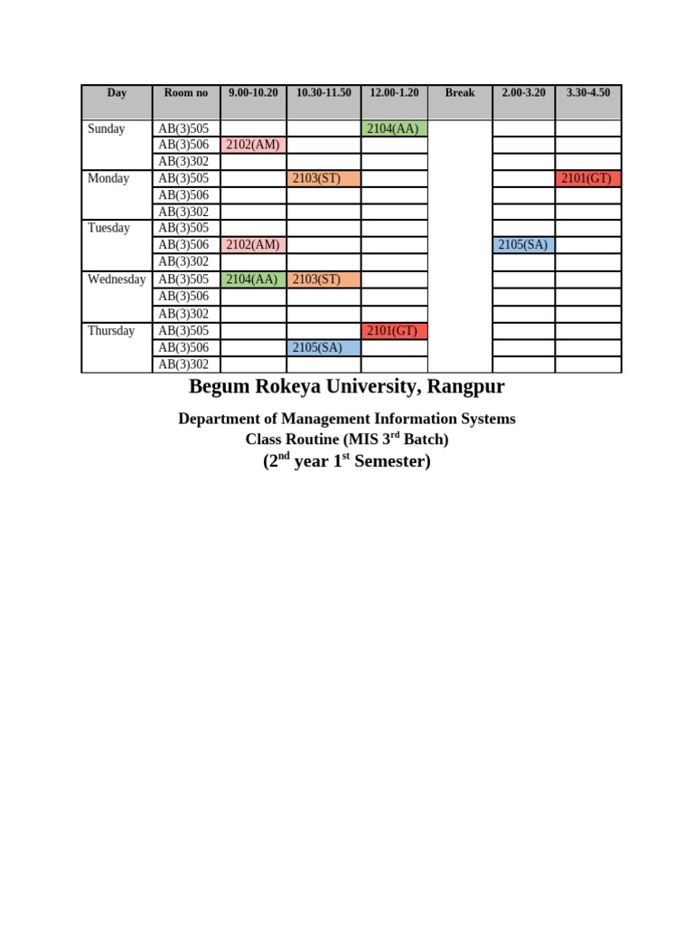MIS 3rd Batch Class Schedule | PDF