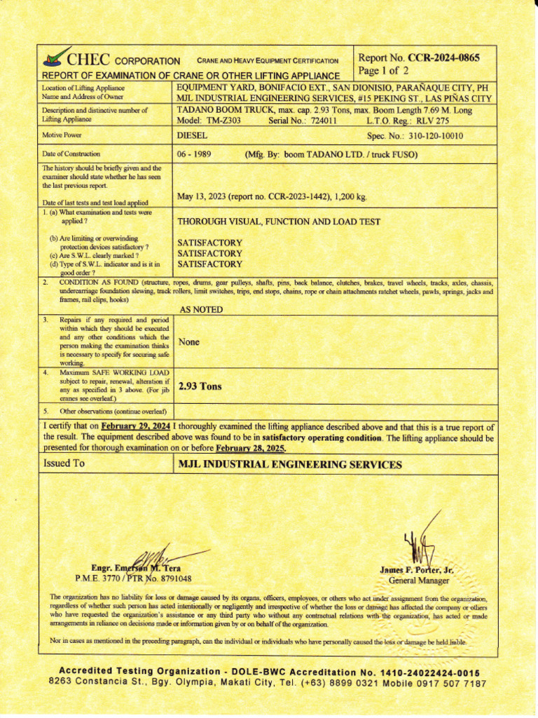 Crane Inspection Report CCR-2024-0865 | PDF | Crane (Machine) | Vehicle ...