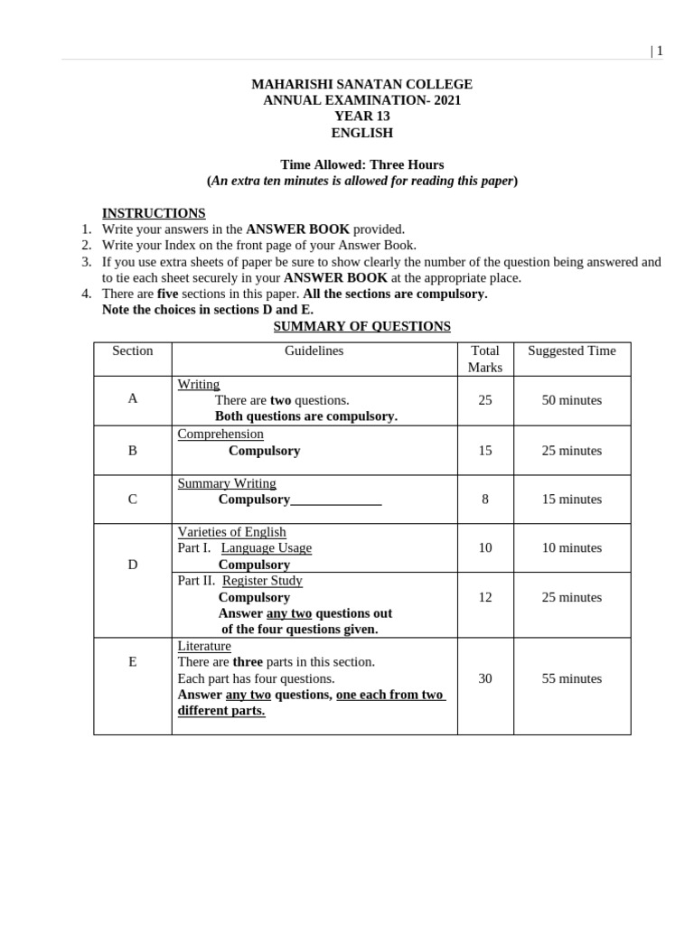 Year 13 English Exam Paper 2021 | PDF