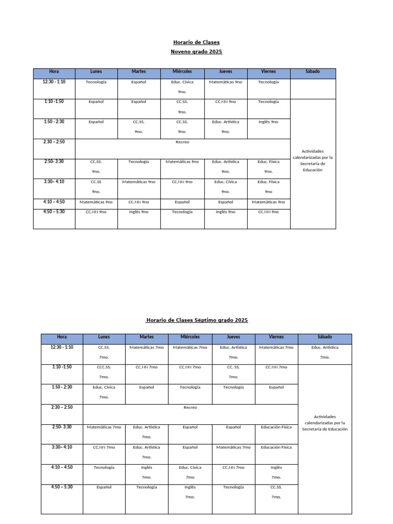 Horario Clases Telesecundaria 2025 | PDF
