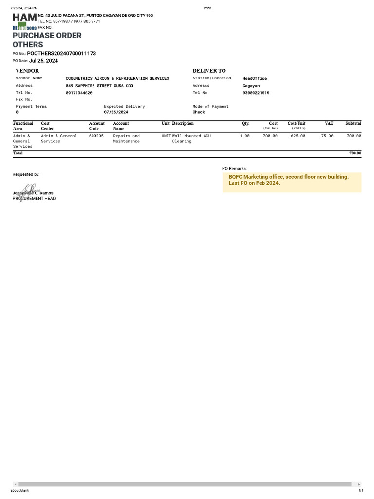 Purchase Order for ACU Cleaning Services | PDF