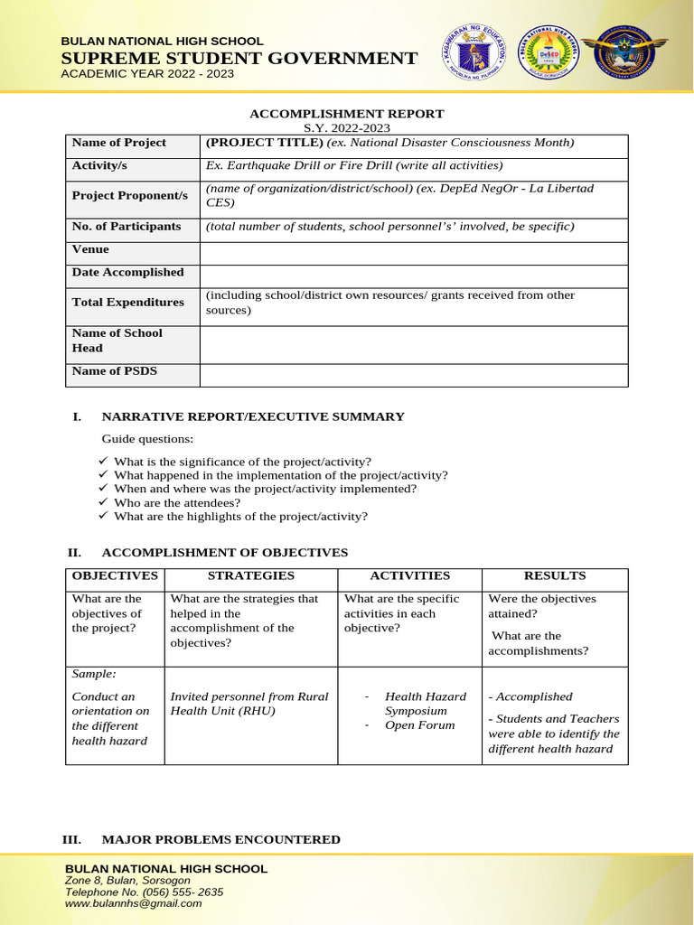 Bulan National High School SSG Report 2022-2023 | PDF