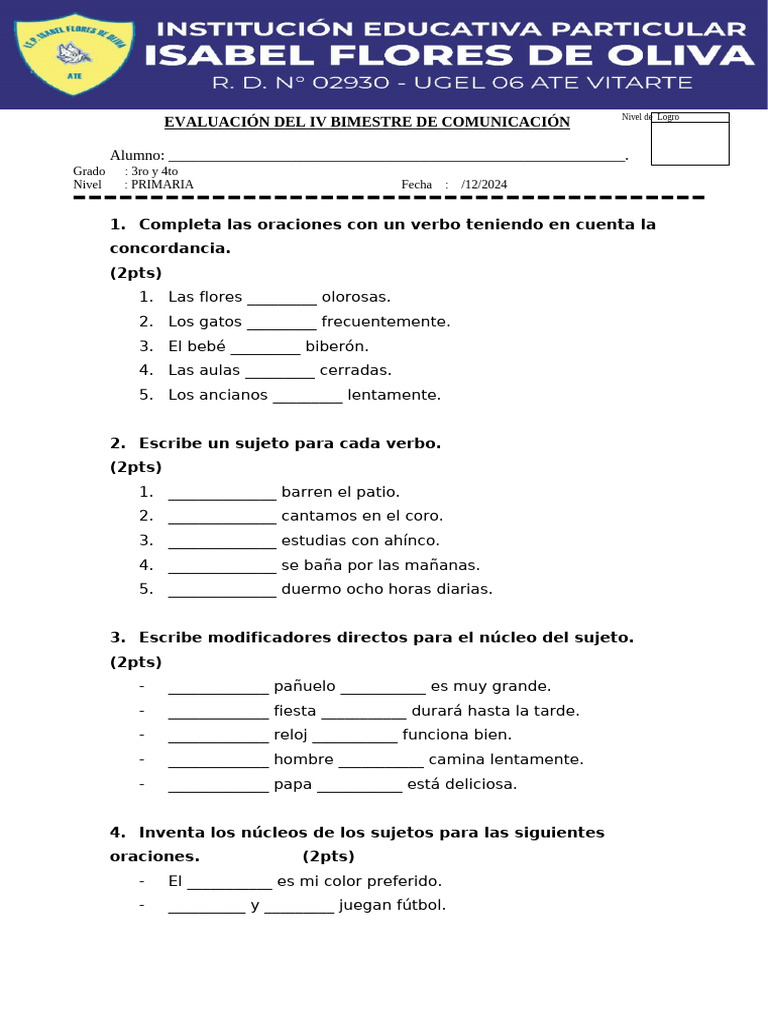 Examen IV Bimestre - Comunicación - 3ro y 4to - 2024 | PDF