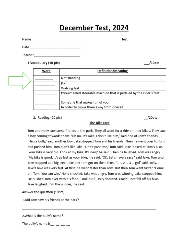 December 2024 Vocabulary and Reading Test | PDF | Linguistics