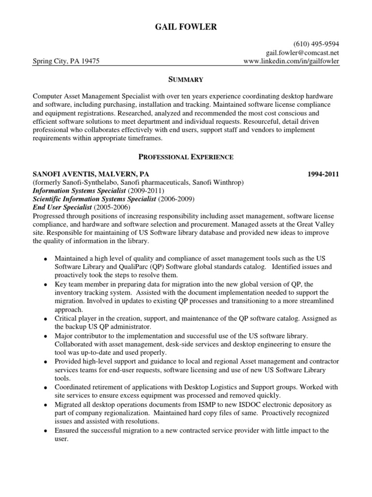 IT Asset Management Administrator in Malvern PA Resume Gail Fowler