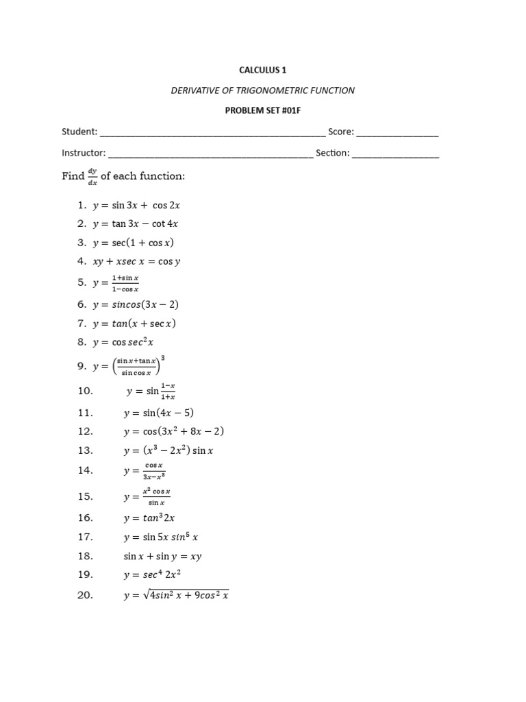Trigonometric Derivative Problem Set | PDF