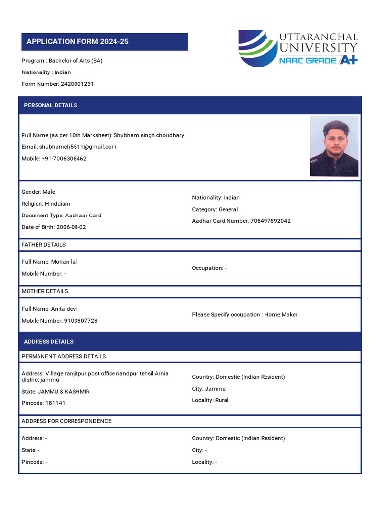 BA Application Form 2024-25 | PDF