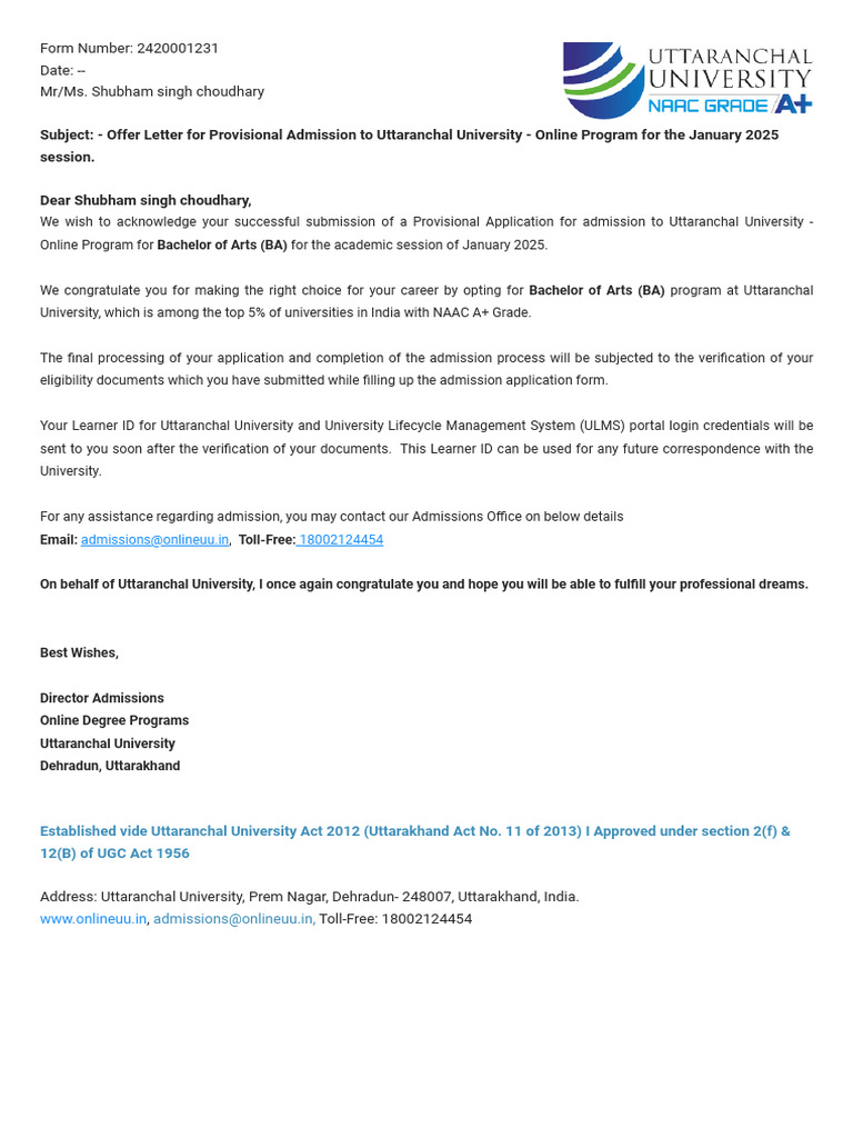 Uttaranchal University Admission Offer 2025 | PDF