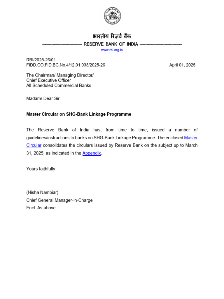 SHG-Bank Linkage Master Circular 2025 | PDF | Banks | Reserve Bank Of India