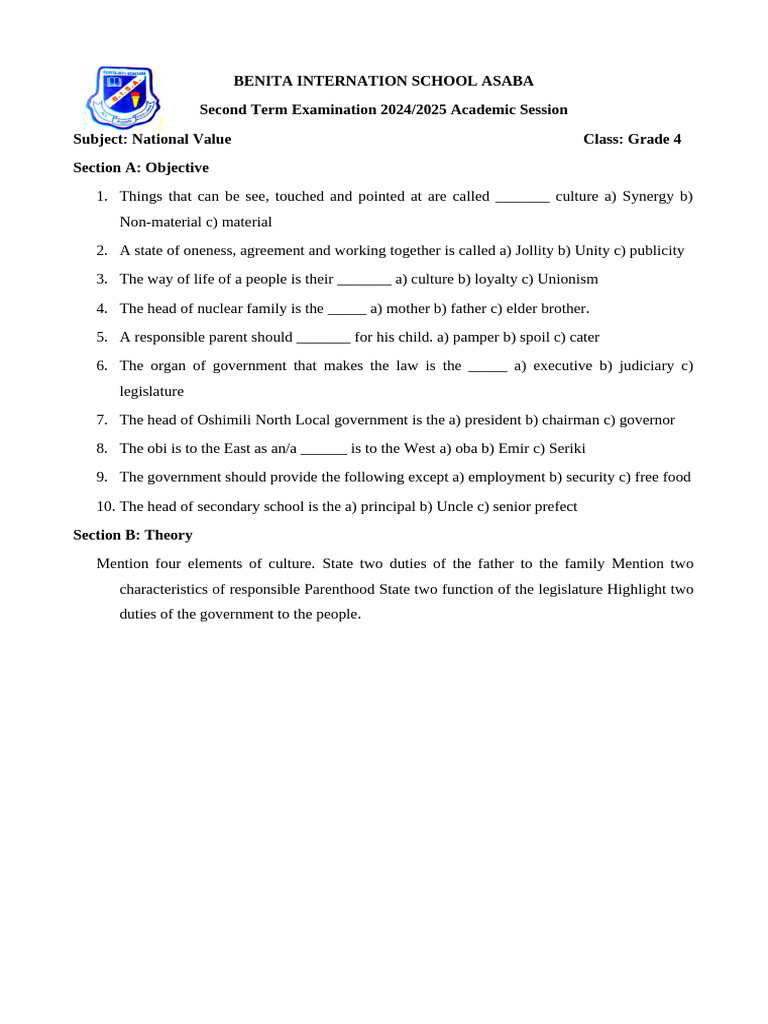 National Values Exam for Grade 4 | PDF
