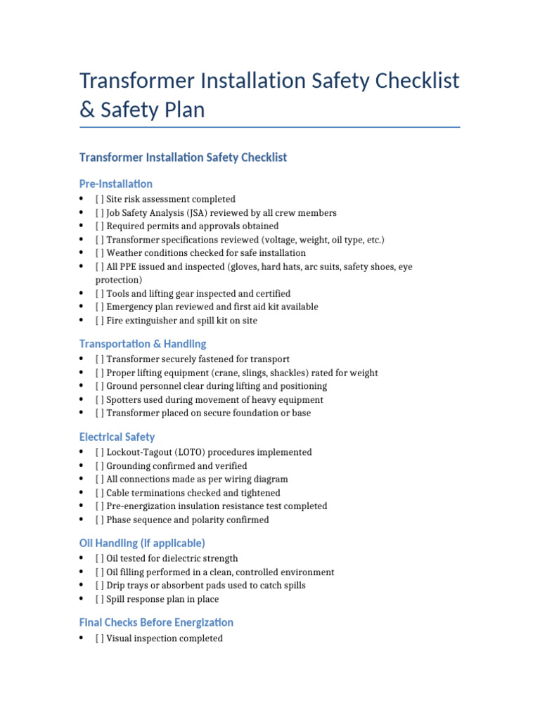 Transformer Installation Safety Checklist | PDF | Transformer ...