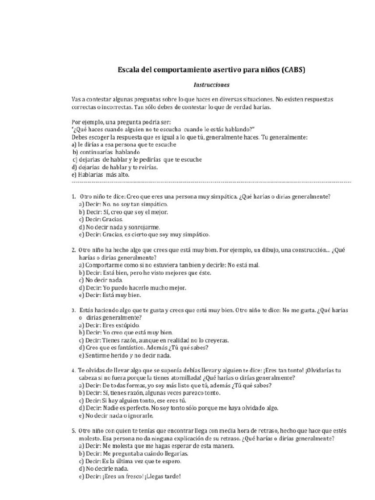 CABS (Escala de Asertividad para Niños) | PDF