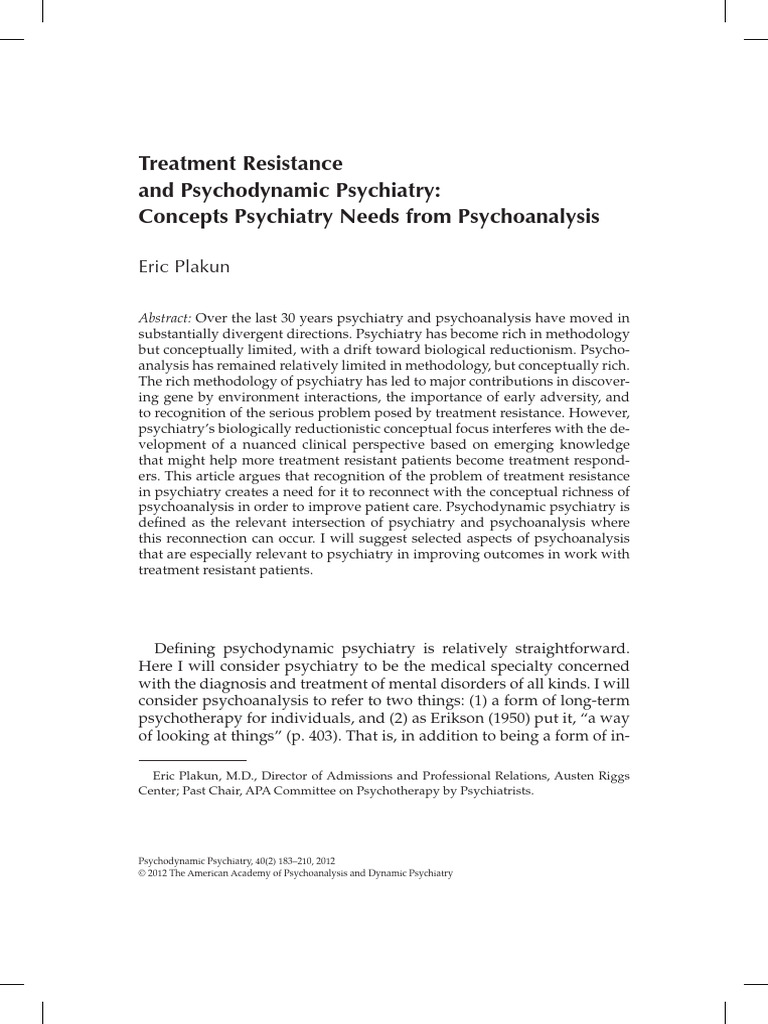 Treatment Resistance in Psychodynamic Psychiatry PDF Psychiatry